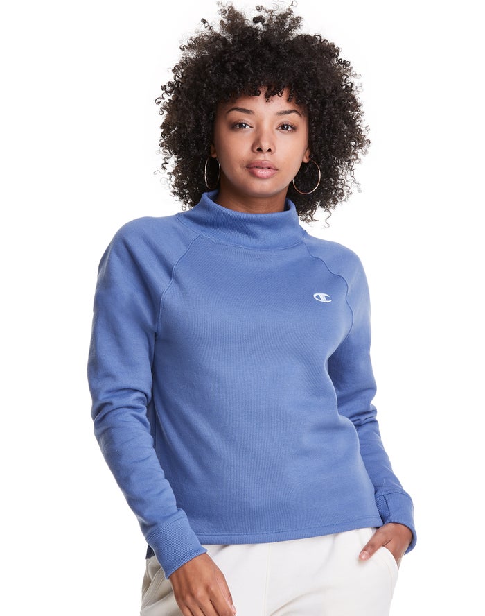 Champion Dame Sweatshirt Blå - Powerblend Fleece Mock Neck Embroidered Logo - Danmark YGR-031964